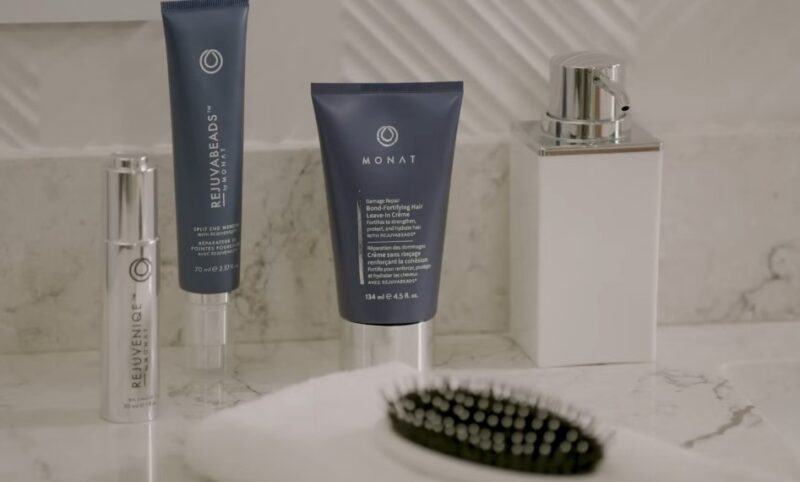 Monat hair care products in a bathroom